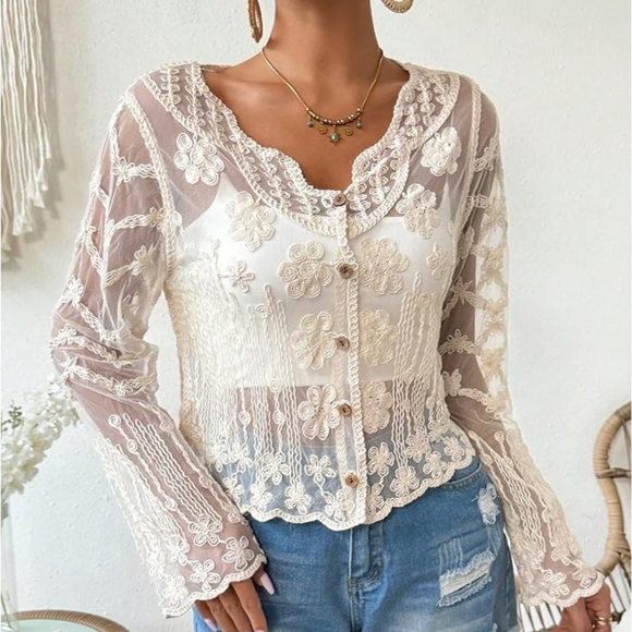 Tops - Elegant Lace Button-Up long sleeve see through Blouse (L)